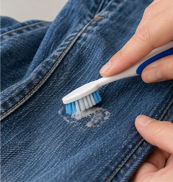 A soft toothbrush gently brushing a small treated gum residue area on blue denim