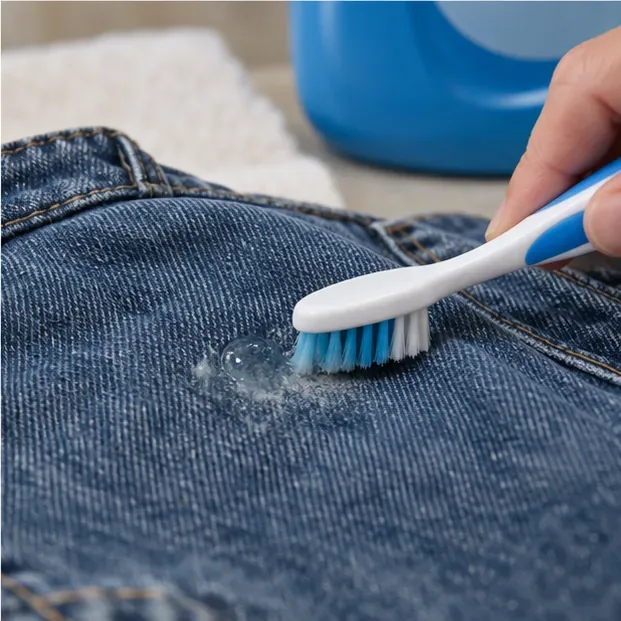 A soft toothbrush gently working liquid laundry detergent into a small residue spot on blue jeans