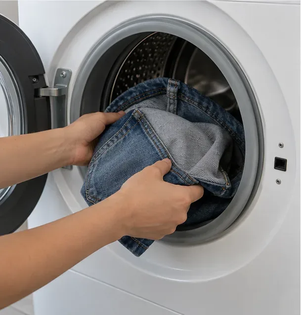 Blue jeans turned partly inside out being placed into a front-loading washing machine