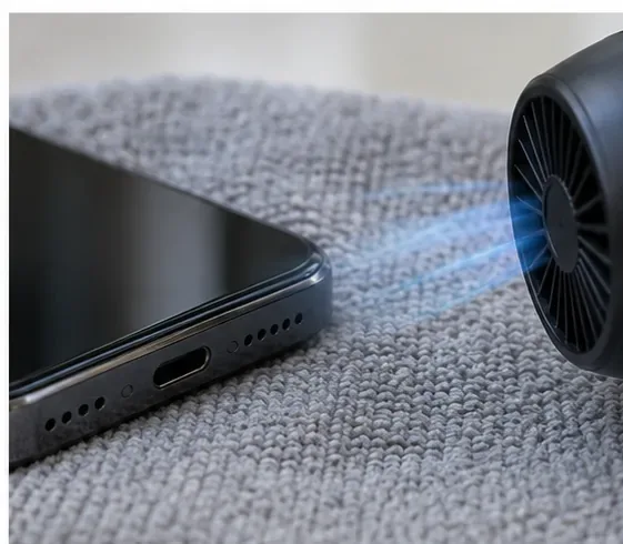 A smartphone on a dry cloth with a small fan blowing cool air toward the USB-C charging port.