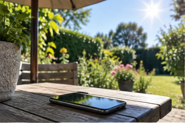 A smartphone resting on a shaded wooden table while bright summer sun shines beyond the covered area