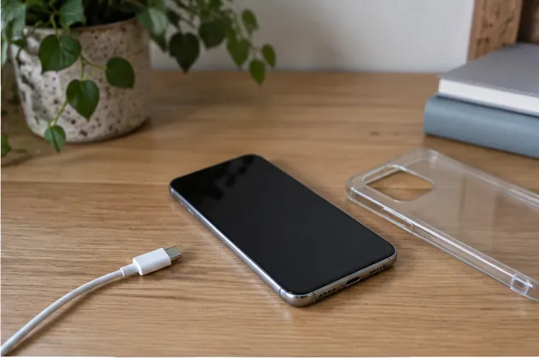 A smartphone on a wooden desk beside its removed clear case and an unplugged charging cable