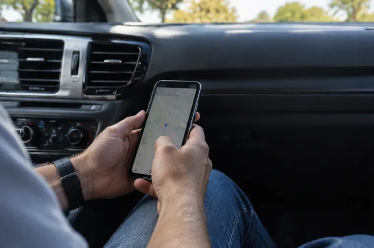 A passenger holding a smartphone with a map on screen inside a parked car during sunny weather