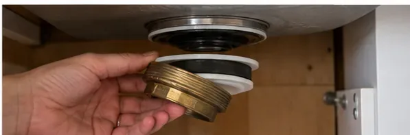 Hand removing the loosened locknut and washers from the underside of a kitchen sink drain