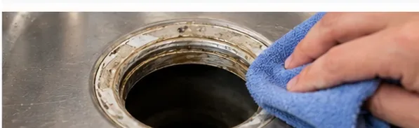 Cloth wiping old sealant and residue from the exposed kitchen sink drain opening