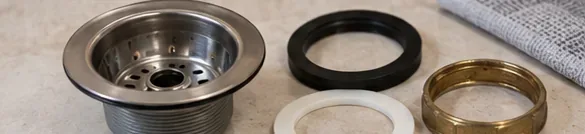 Removed basket strainer, rubber gasket, washer, and locknut arranged on a towel for inspection