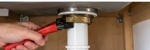 Pliers loosening the large mounting nut beneath a kitchen sink drain assembly