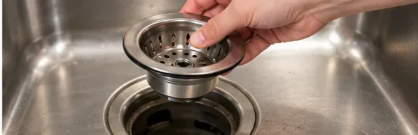 Hand lifting the removable basket strainer out of a stainless steel kitchen sink drain opening