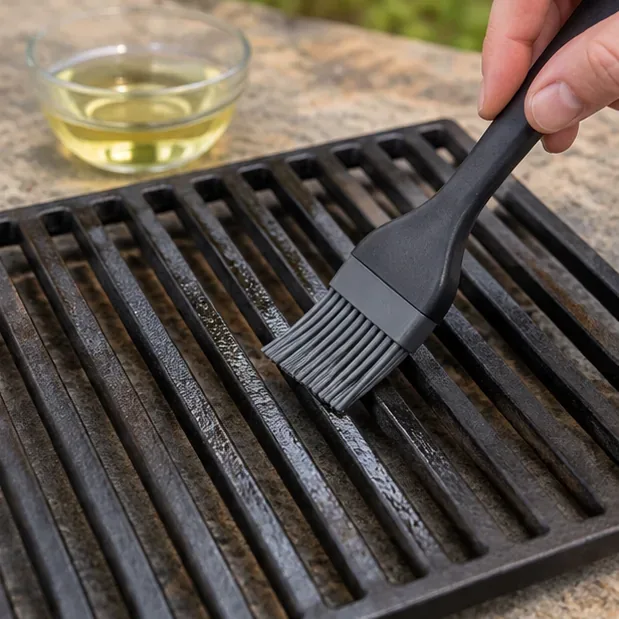 A silicone basting brush spreads a very thin sheen of pale cooking oil across the bars of a cast iron grill grate.