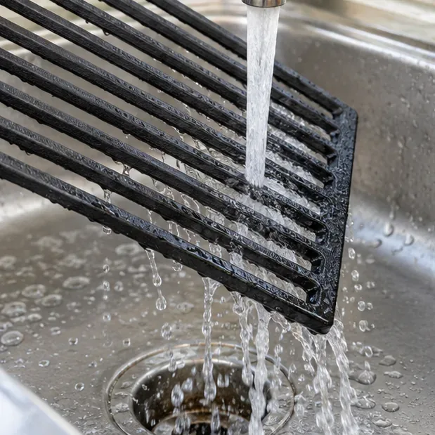 Clean water runs over a dark cast iron grill grate held above a stainless steel sink, rinsing away soap and debris.