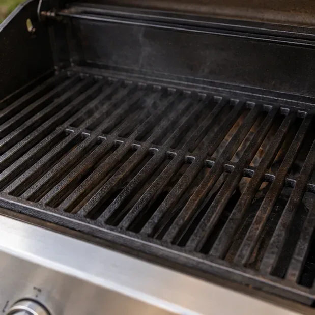 A dark seasoned cast iron grate sits inside an open gas grill with a faint wisp of heat rising from the bars.