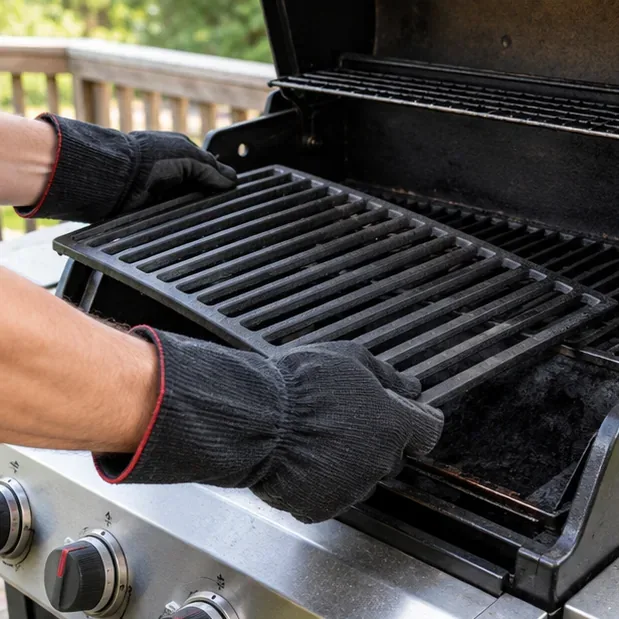 A person wearing heat-resistant black gloves lifts a heavy ribbed cast iron grate from an open gas grill before cleaning.