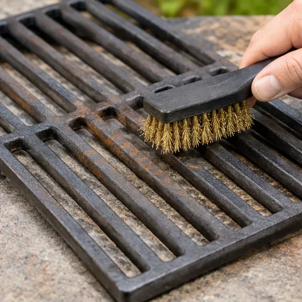 A brass grill brush scrubs visible orange surface rust from several bars of a cast iron grill grate.