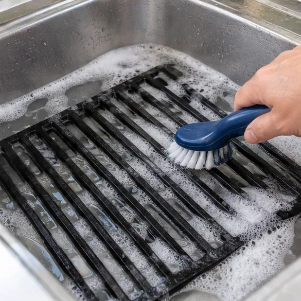 A cast iron grill grate is scrubbed in warm soapy water with a handheld cleaning brush in a stainless steel sink.
