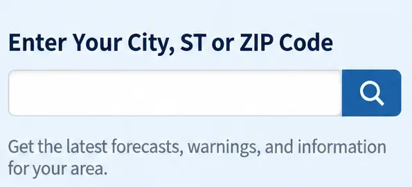 A local weather search field labeled Enter Your City, ST or ZIP Code, with a search button.