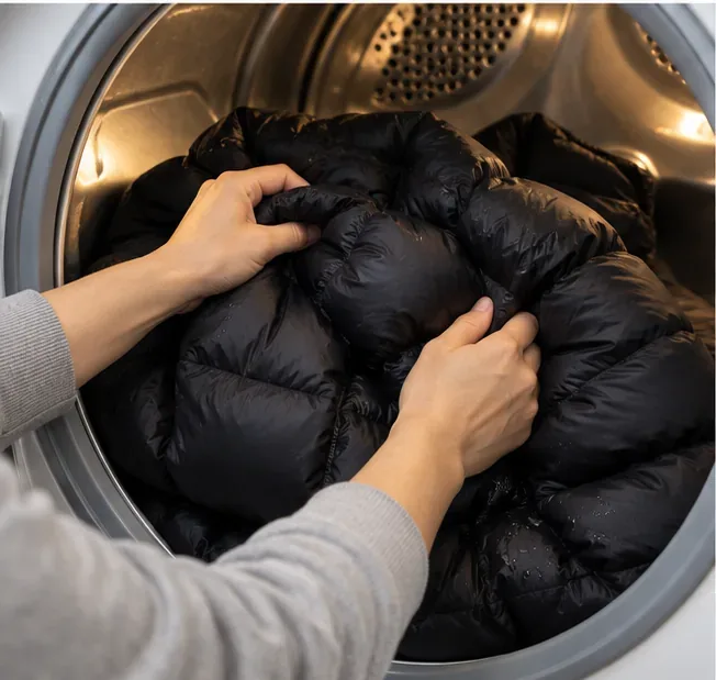 Hands gently separate and fluff sections of a black puffer between drying cycles.