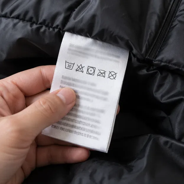 A hand checks the sewn care label inside a black quilted puffer jacket before washing.