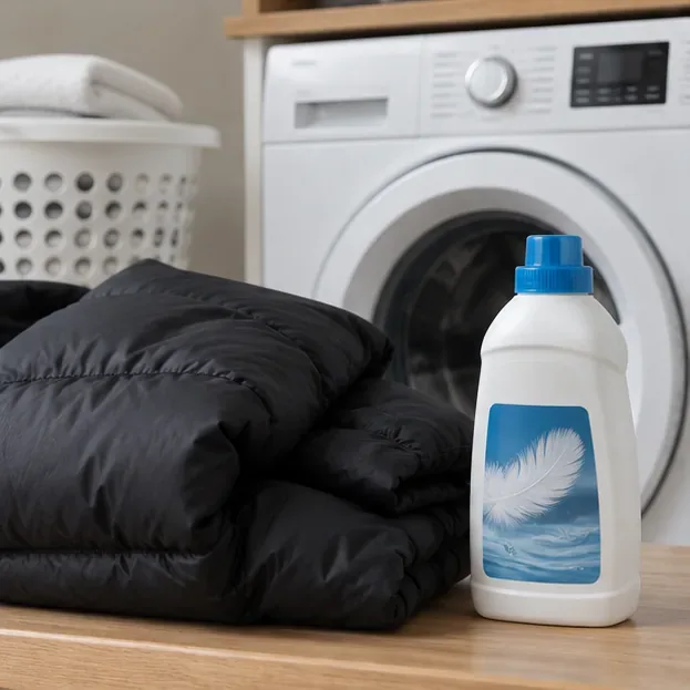 A black puffer and a bottle of down-specific detergent sit beside a front-loading washing machine.