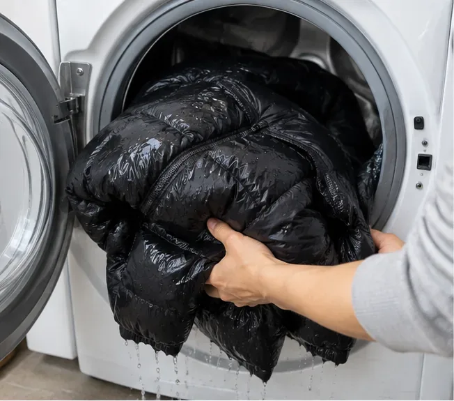 A wet black puffer is supported with both hands while being removed from a front-loading washer.