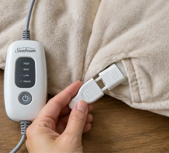Hands disconnecting a detachable heated-blanket controller from the blanket connector before washing