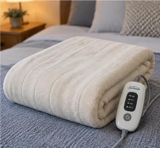 A clean folded heated blanket resting on a bed beside its detachable controller after drying