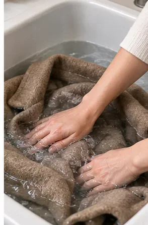 Hands gently pressing a wool coat under water in a clean sink without twisting the fabric.