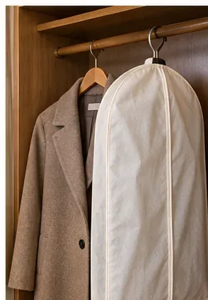 A clean wool coat hanging in a wooden closet beside a breathable garment bag.