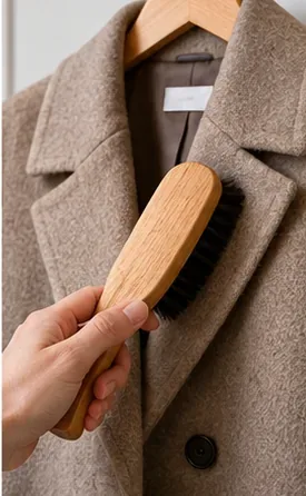 A soft garment brush being passed over the lapel of a camel-colored wool coat on a wooden hanger.