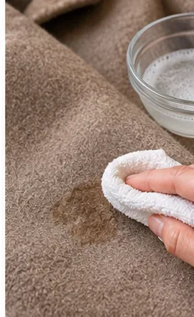 A small stain on wool fabric being blotted gently with a white cloth beside a bowl of mild cleaning solution.