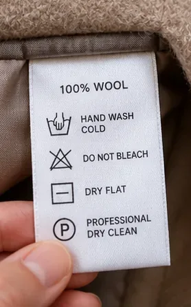 Close-up of a wool coat care label showing hand-wash, no-bleach, dry-flat, and professional dry-clean symbols.
