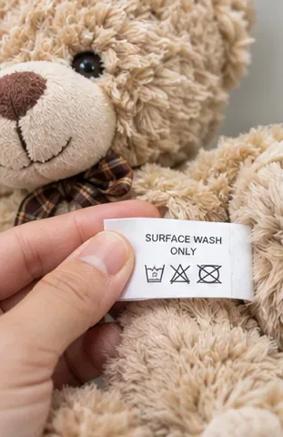 Close-up of a teddy bear care tag that says surface wash only