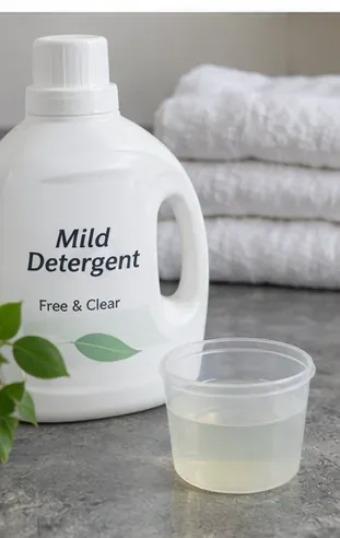 Bottle labeled mild detergent beside a small measuring cup and folded white towels