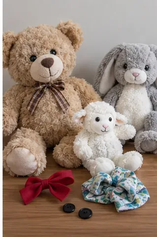 Several plush animals beside removable bows, fabric accessories, and buttons on a table