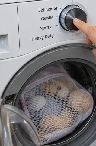 Front-loading washing machine with a stuffed animal in a mesh bag while a hand selects the gentle cycle