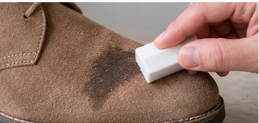 White suede eraser rubbing a dark scuff on the toe of a tan suede shoe.