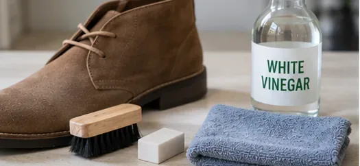 Tan suede ankle boot beside a suede brush, white eraser, microfiber cloth, and a small bottle of white vinegar.