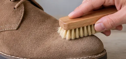 Soft-bristle suede brush moving across the toe of a tan suede shoe to lift loose dry dirt.