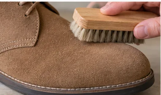Soft suede brush lifting the nap on a dry tan suede shoe after spot cleaning.
