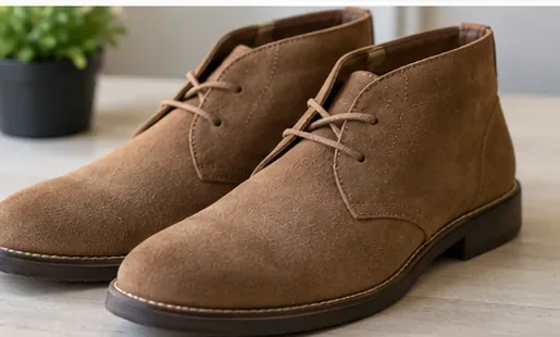 Clean pair of tan suede ankle boots standing on a light tabletop after care.