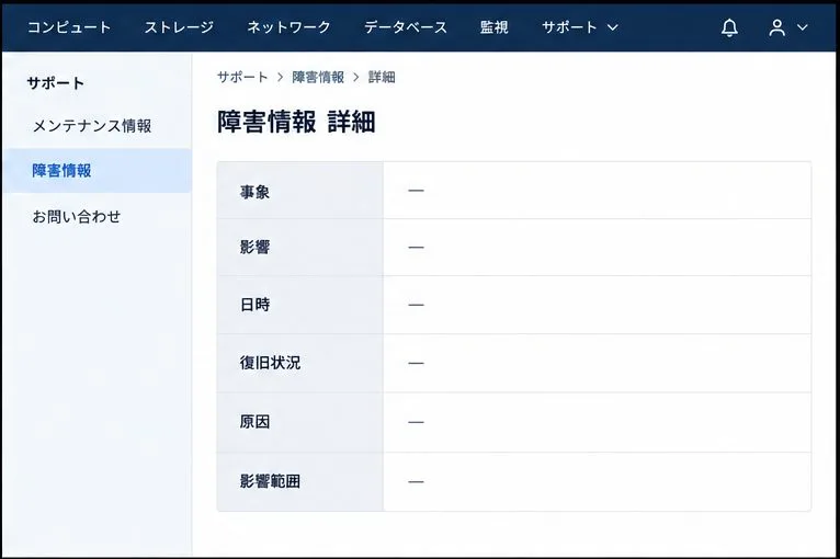 障害情報の詳細で「事象」「影響」「日時」「復旧状況」「原因」「影響範囲」の欄を確認する画面イメージ。