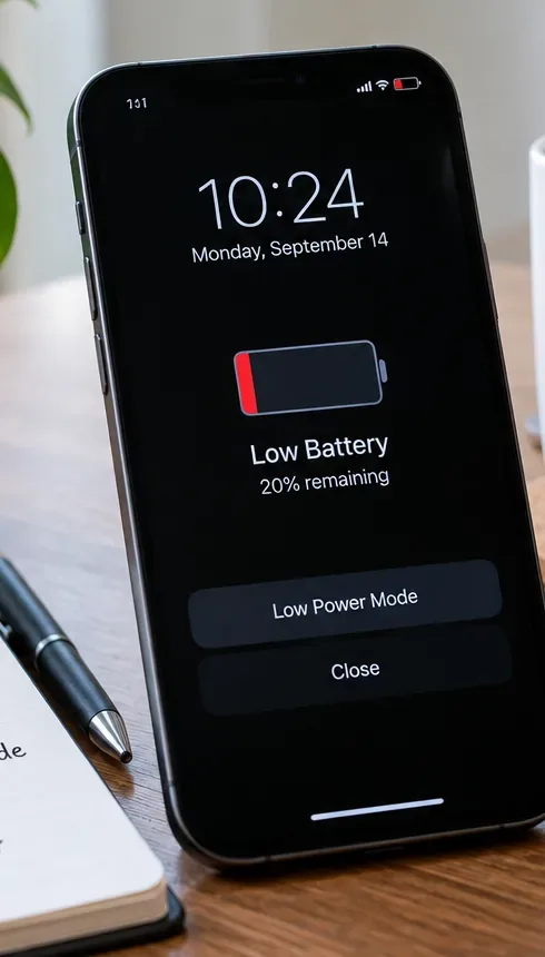 iPhone แสดงการแจ้งเตือนแบตเตอรี่เหลือน้อย พร้อมปุ่มโหมดประหยัดพลังงาน เมื่อเหลือแบตเตอรี่ 20 เปอร์เซ็นต์