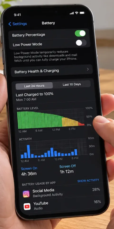 หน้าจอการตั้งค่าแบตเตอรี่ iPhone ในโหมดมืด แสดงกราฟแบตเตอรี่และตัวอย่างกิจกรรมแอป พร้อมเปอร์เซ็นต์การใช้งานในพื้นหลัง