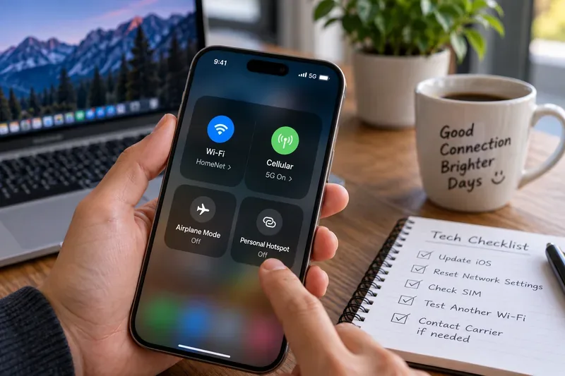 ผู้ใช้ตรวจสอบการตั้งค่าการเชื่อมต่อโทรศัพท์ ทั้ง Wi-Fi, 5G, โหมดเครื่องบิน และฮอตสปอตส่วนตัว พร้อมกับรายการตรวจสอบการแก้ไขปัญหาที่เขียนด้วยลายมือ