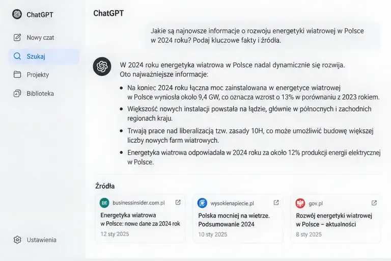 Schematyczny widok odpowiedzi ChatGPT z włączonym wyszukiwaniem, sekcją źródeł i kartami odnośników