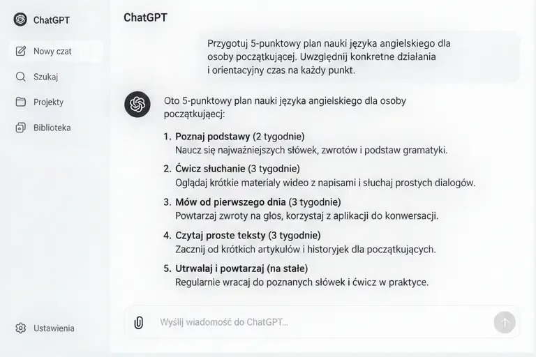 Schematyczny widok nowego czatu ChatGPT z poleceniem przygotowania pięciopunktowego planu nauki i uporządkowaną odpowiedzią