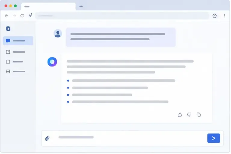 Interface illustrative d’un chat Copilot dans un navigateur, avec une réponse structurée et une zone de saisie en bas