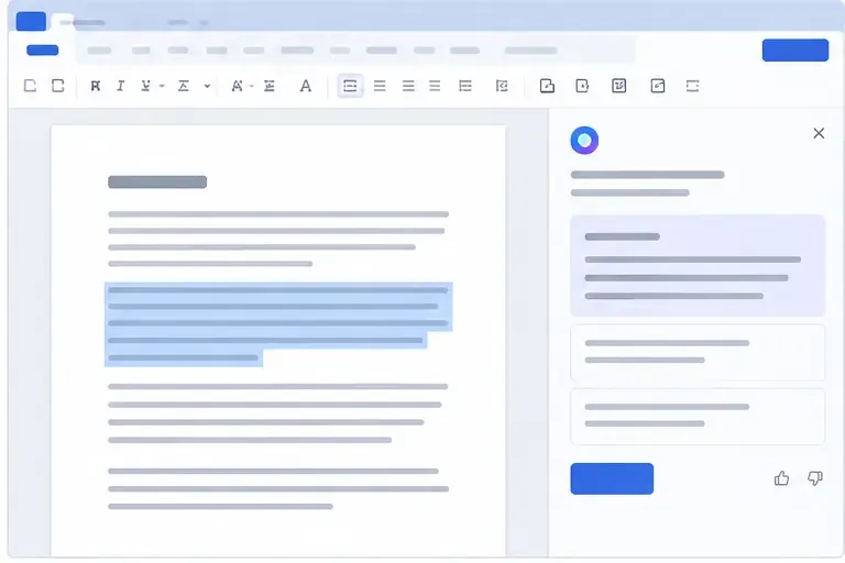 Interface illustrative d’un éditeur de document avec un paragraphe sélectionné et un panneau latéral de suggestions Copilot