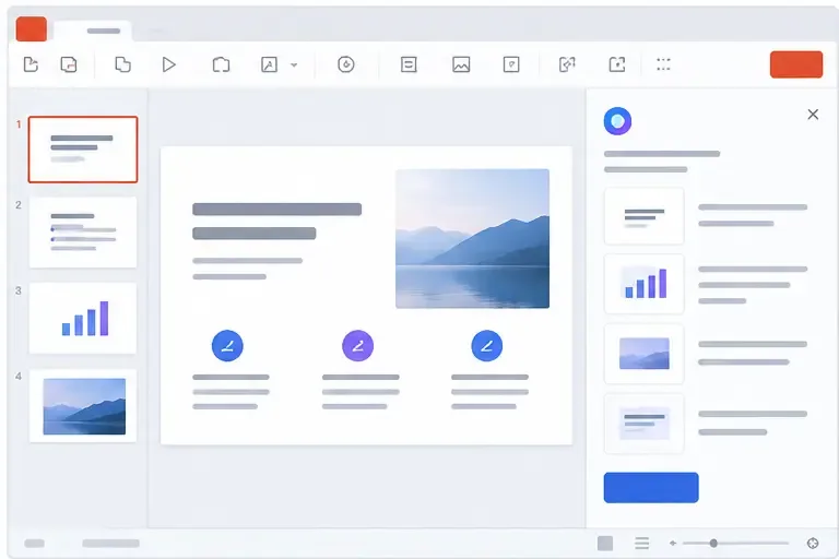Interface illustrative d’un espace de présentation avec miniatures de diapositives, une diapositive centrale et un panneau Copilot