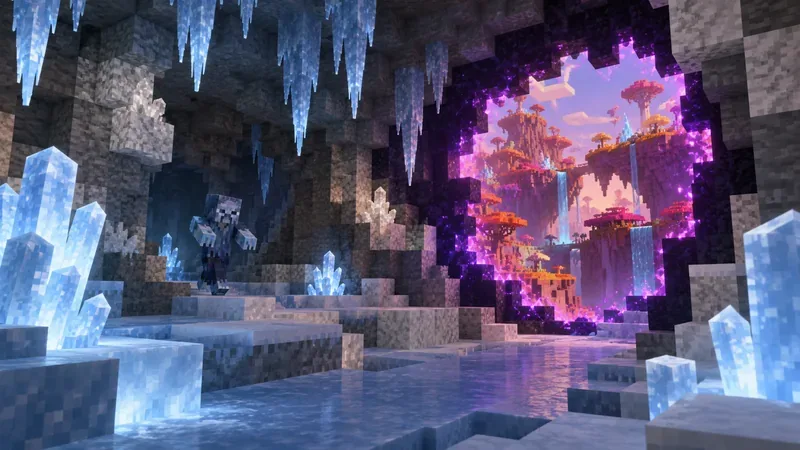 A blocky frozen cave with hanging icicles, glowing blue crystals, a frozen zombie-like mob, and a purple portal opening toward a colorful alien landscape