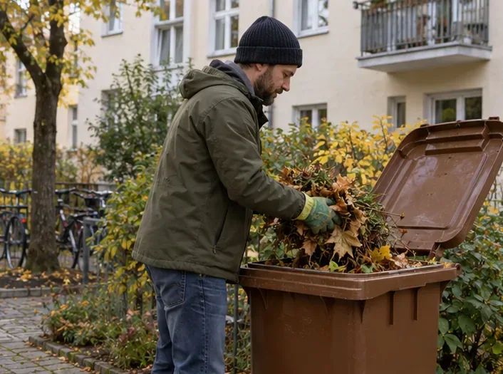 Eine Bewohnerin wirft eine leere Metallverpackung in einen gelben Container an einer Münchner Wertstoffinsel; daneben stehen Glascontainer.